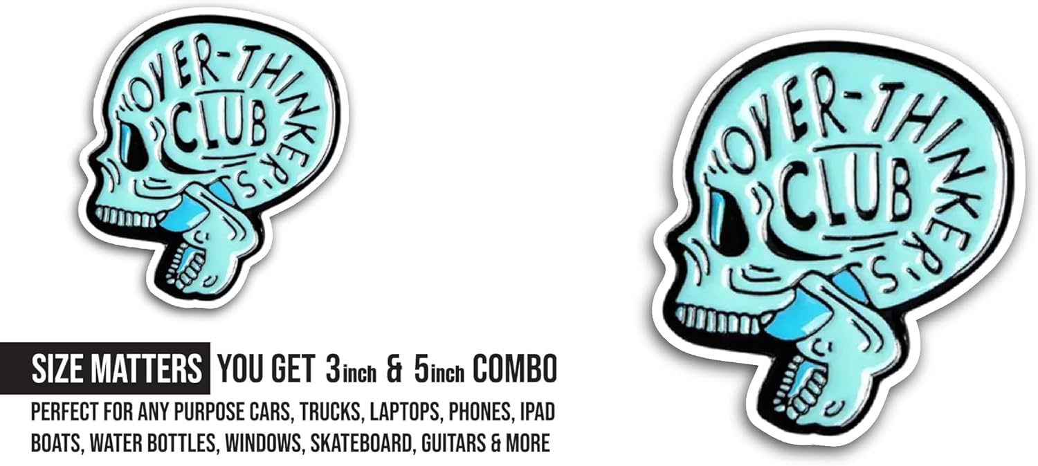 2 (Pieces) 3" and 5" Overthinkers Club Sticker, Waterproof Vinyl Decals for Many Purpose Like Cars, Trucks, Laptops, Phones, Windows and More