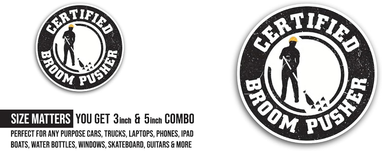 2 (Pieces) 3" and 5" Certified Broom Pusher Sticker, Waterproof Vinyl Decals for Many Purpose Like Cars, Trucks, Laptops, Phones, Windows and More