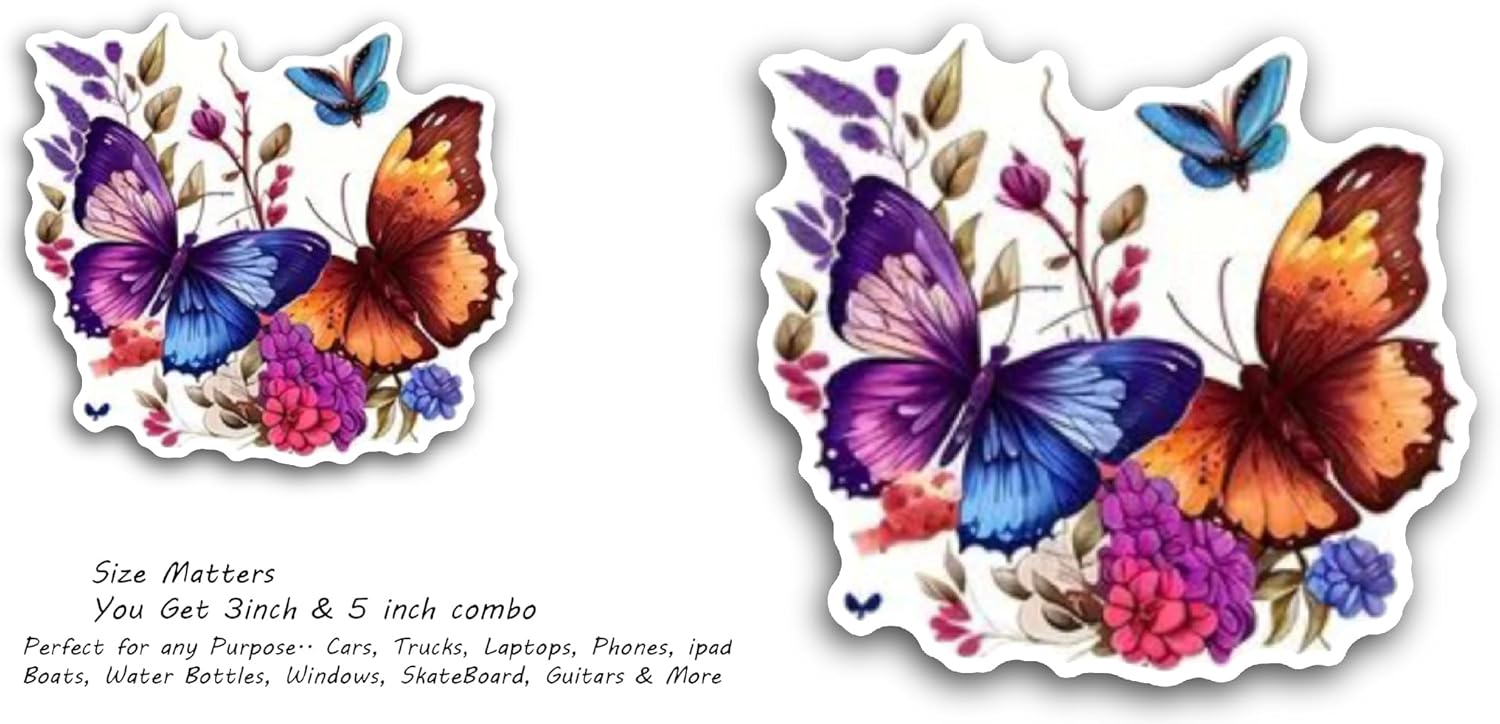 2 (Pieces) 3" and 5" Butterflies and Flowers Sticker, Waterproof Vinyl Decals for Many Purpose Like Cars, Trucks, Laptops, Phones, Windows and More