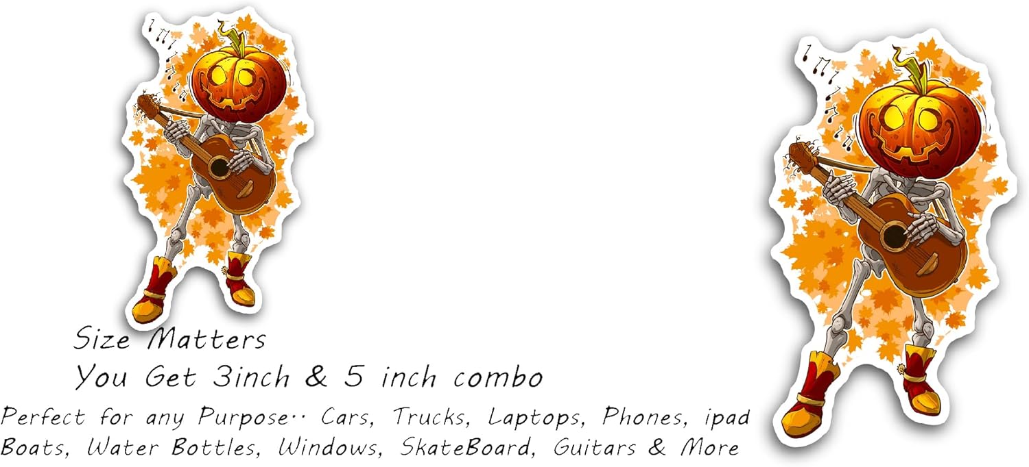 2 (Pieces) 3" and 5" Cartoon Skeleton with Pumpkin Sticker, Waterproof Vinyl Decals for Many Purpose Like Cars, Trucks, Laptops, Phones, Windows and More