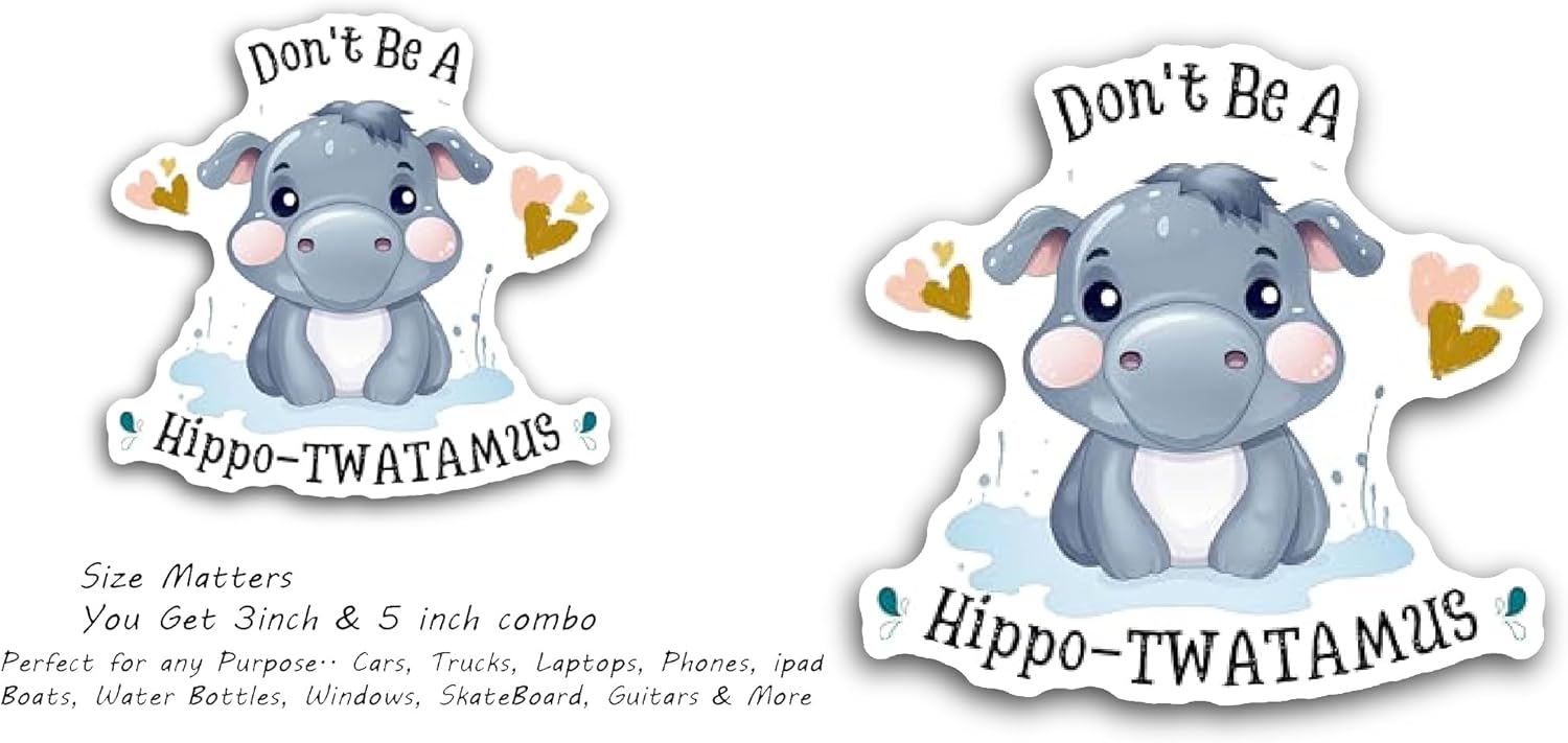2 (Pieces) 3" and 5" Hippopotamus Sticker, Waterproof Vinyl Decals for Many Purpose Like Cars, Trucks, Laptops, Phones, Windows and More