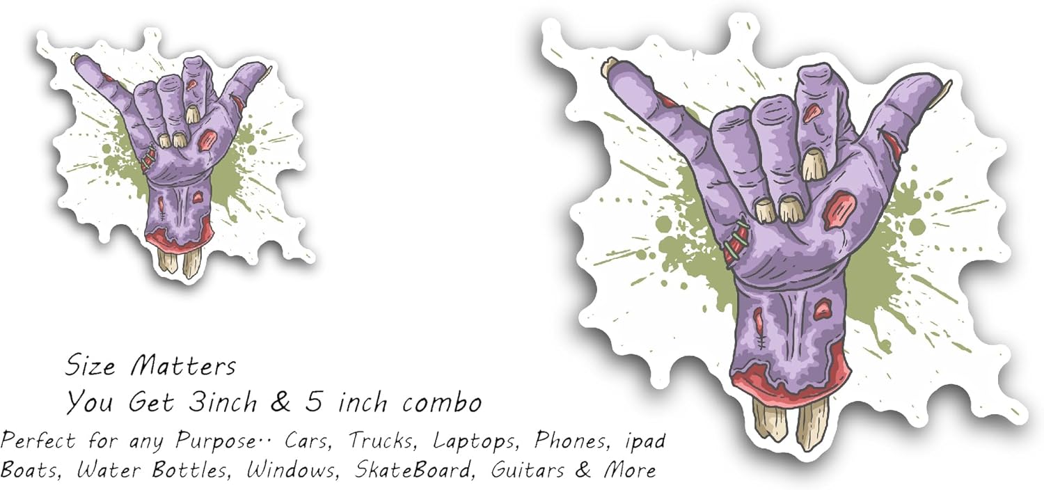 2 (Pieces) 3" and 5" Zombie Shaka Hand Sticker,Waterproof Vinyl Decals for Many Purpose Like Cars, Trucks, Laptops, Phones, Windows and More