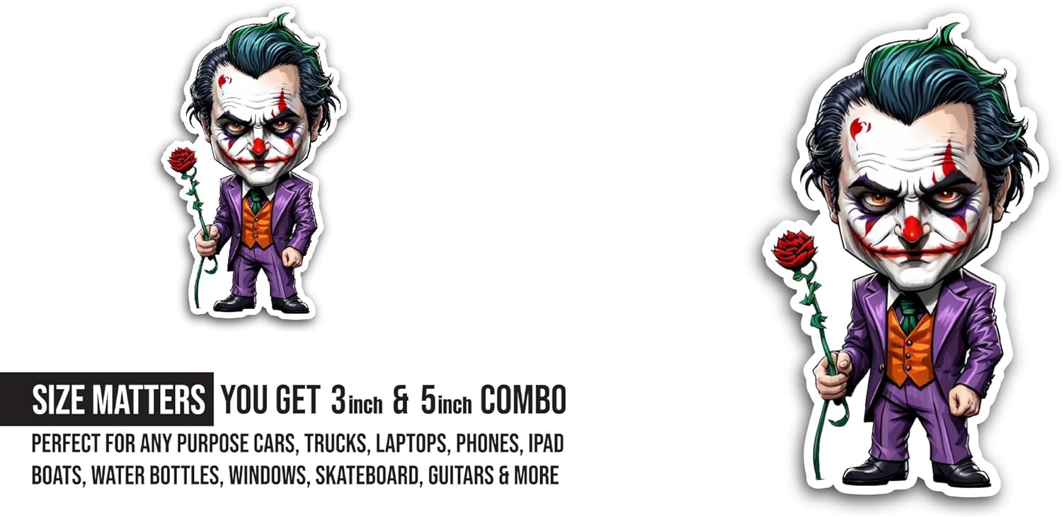 2 (Pieces) 3" and 5" Horror Clown with Flower Sticker, Waterproof Vinyl Decals for Many Purpose Like Cars, Trucks, Laptops, Phones, Windows and More