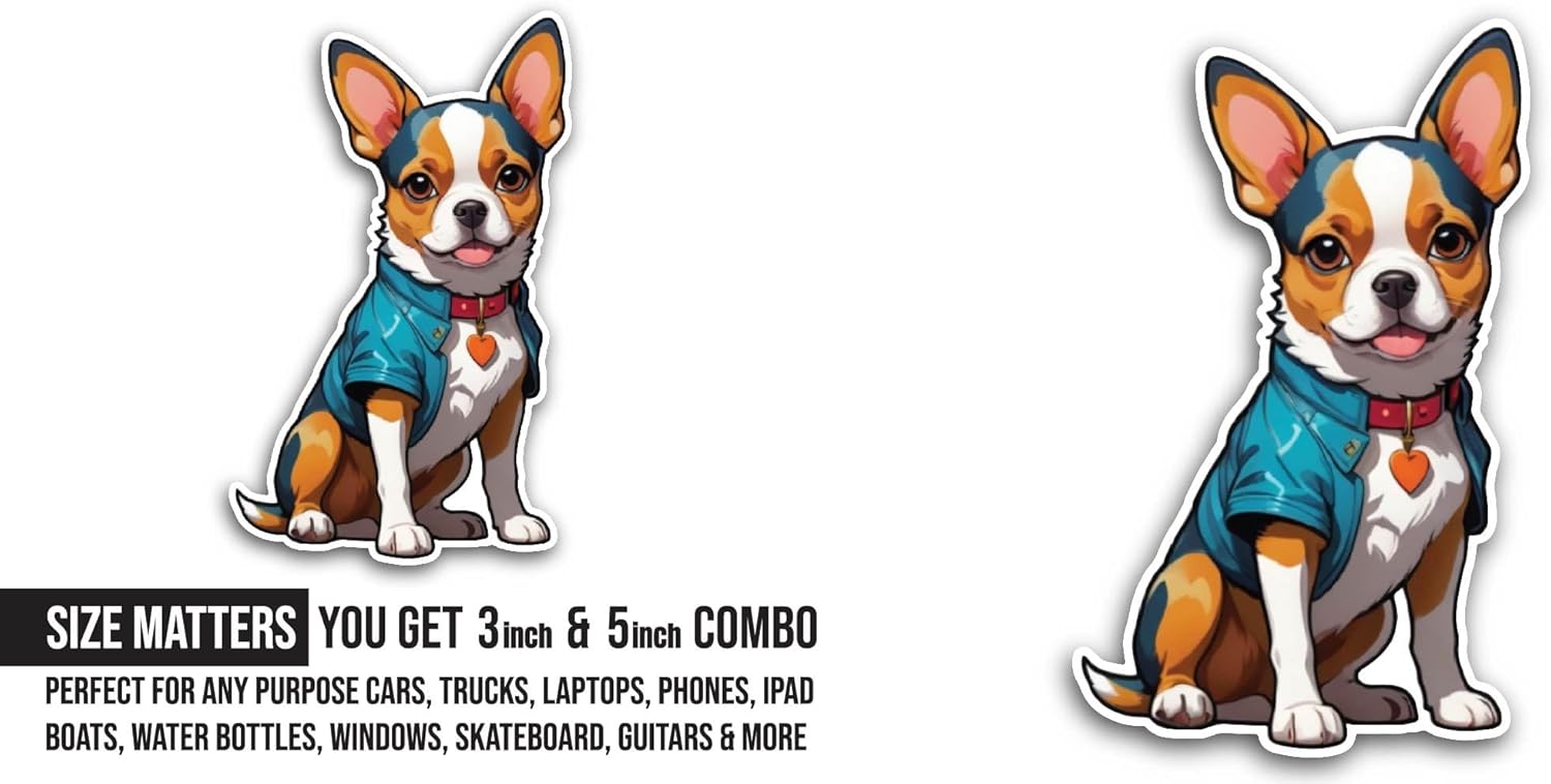2 (Pieces) 3" and 5" Chihuahua Dog Sticker, Waterproof Vinyl Decals for Many Purpose Like Cars, Trucks, Laptops, Phones, Windows and More