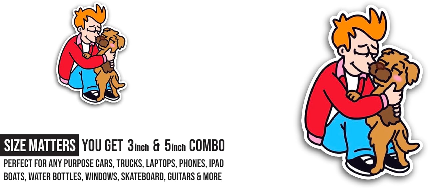 2 (Pieces) 3" and 5" Cartoon Man with Dog Sticker, Waterproof Vinyl Decals for Many Purpose Like Cars, Trucks, Laptops, Phones, Windows and More