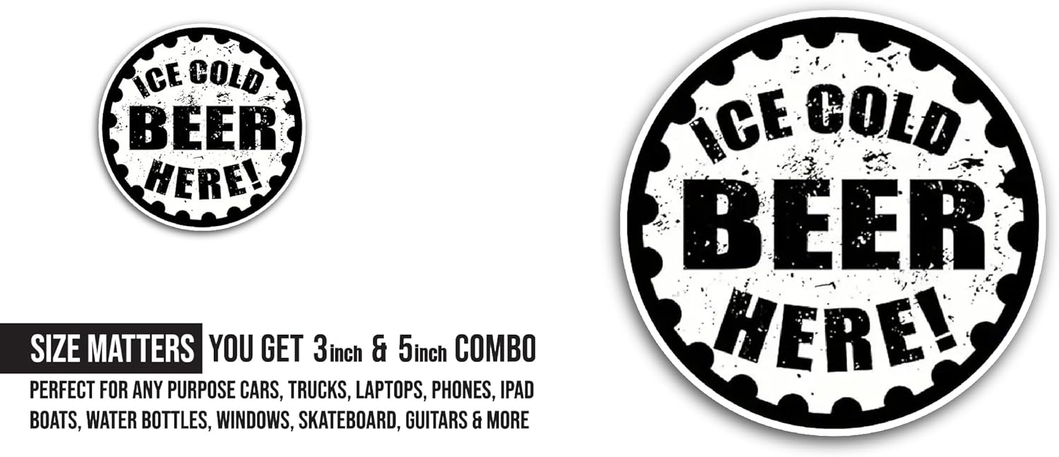 2 (Pieces) 3" and 5" Ice Cold Beer Here Sticker, Waterproof Vinyl Decals for Many Purpose Like Cars, Trucks, Laptops, Phones, Windows and More