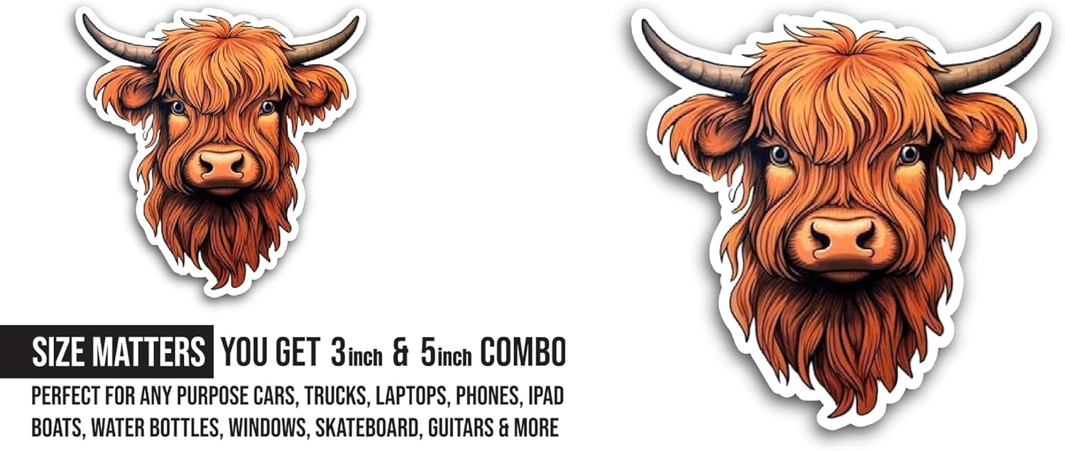 2 (Pieces) 3" and 5" Bull with Long Hair Sticker, Waterproof Vinyl Decals for Many Purpose Like Cars, Trucks, Laptops, Phones, Windows and More