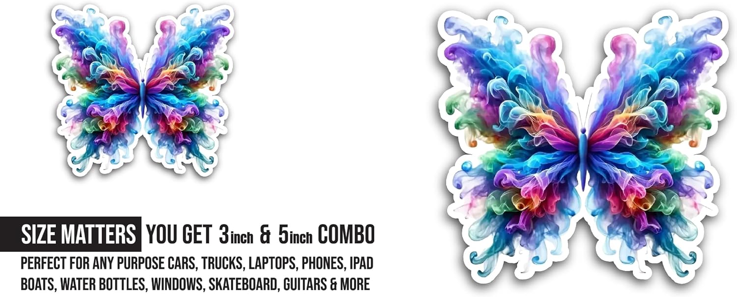 2 (Pieces) 3" and 5" Butterfly Wings with Colorful Swirls Sticker, Waterproof Vinyl Decals for Many Purpose Like Cars, Trucks, Laptops, Phones, Windows and More