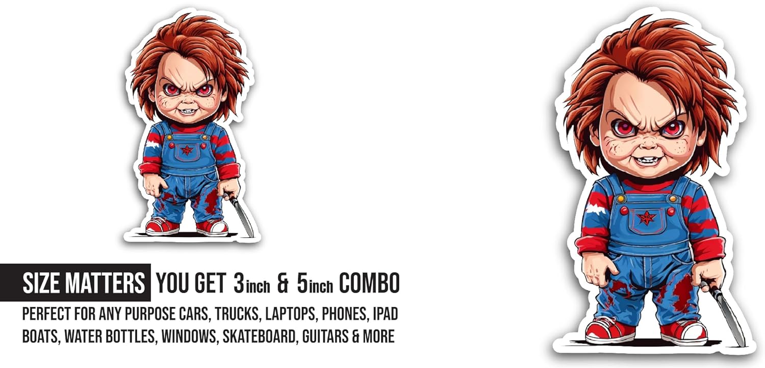 2 (Pieces) 3" and 5" Horror Doll with Knife Sticker, Waterproof Vinyl Decals for Many Purpose Like Cars, Trucks, Laptops, Phones, Windows and More