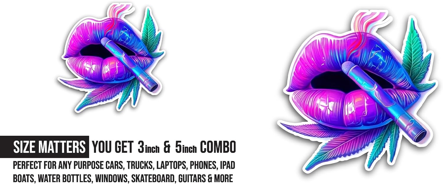 2 (Pieces) 3" and 5" Psychedelic Stoner Lips Sticker, Waterproof Vinyl Decals for Many Purpose Like Cars, Trucks, Laptops, Phones, Windows and More