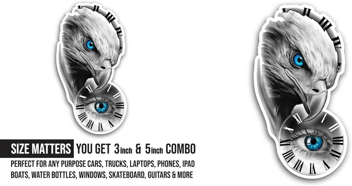 2 (Pieces) 3" and 5" Eagle and Clock Sticker, Waterproof Vinyl Decals for Many Purpose Like Cars, Trucks, Laptops, Phones, Windows and More