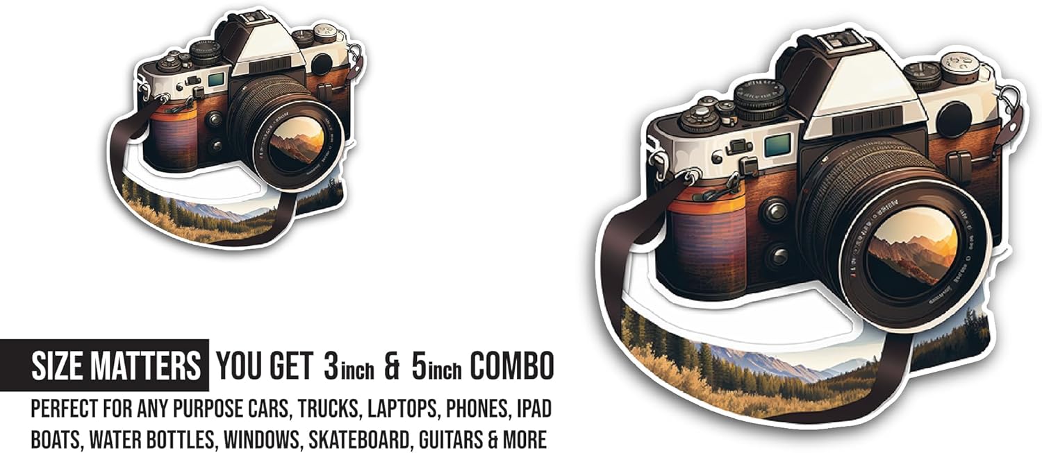 2 (Pieces) 3" and 5" Antique Camera Sticker, Waterproof Vinyl Decals for Many Purpose Like Cars, Trucks, Laptops, Phones, Windows and More
