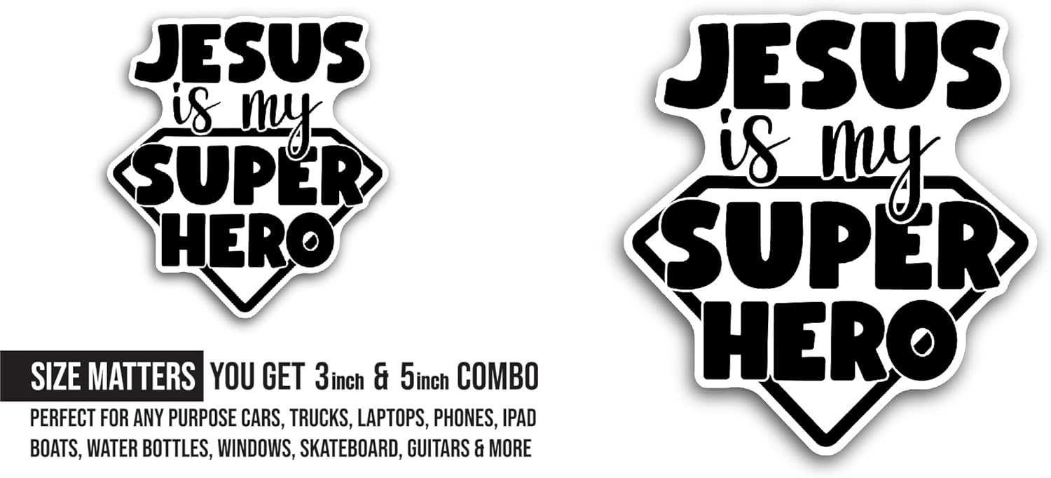 2 (Pieces) 3" and 5" Jesus is My Super Hero Text Sticker, Waterproof Vinyl Decals for Many Purpose Like Cars, Trucks, Laptops, Phones, Windows and More