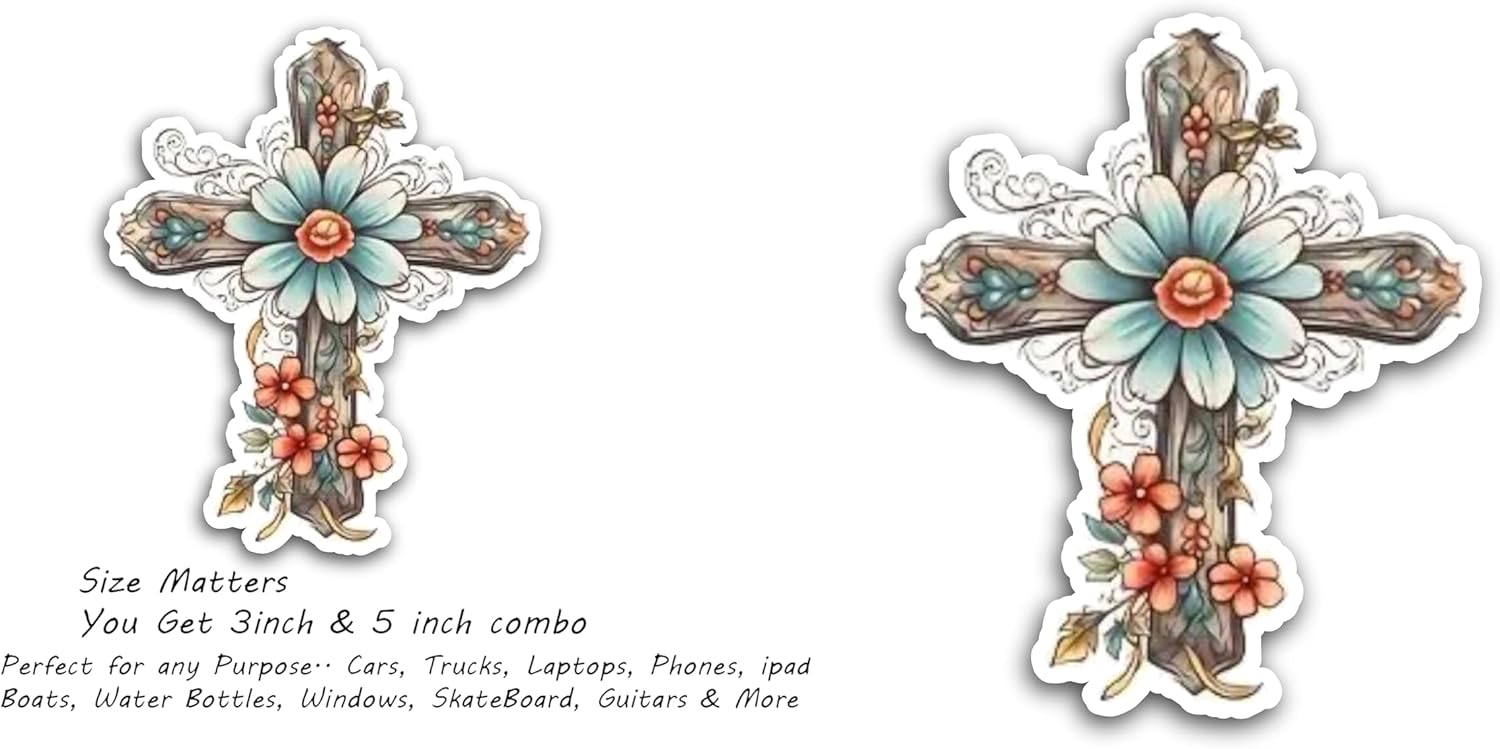 2 (Pieces) 3" and 5" Cross with Flower at The Center Decal Sticker,Waterproof Vinyl Decals for Many Purpose Like Cars, Trucks, Laptops, Phones, Windows and More