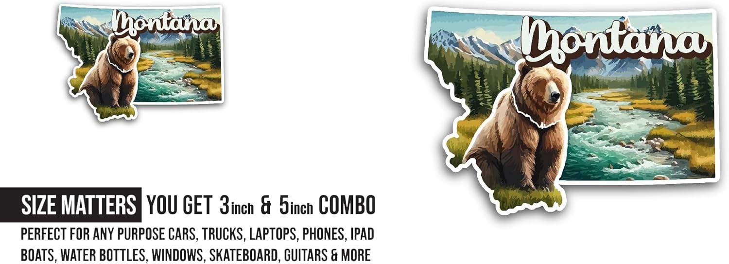 2 (Pieces) 3" and 5" Montana Sticker, Waterproof Vinyl Decals for Many Purpose Like Cars, Trucks, Laptops, Phones, Windows and More