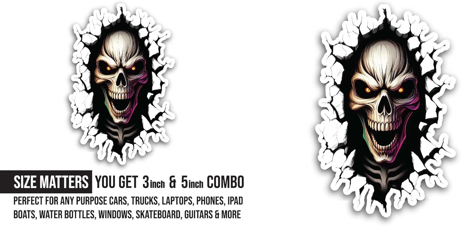 2 (Pieces) 3" and 5" Laughing Skull Sticker, Waterproof Vinyl Decals for Many Purpose Like Cars, Trucks, Laptops, Phones, Windows and More