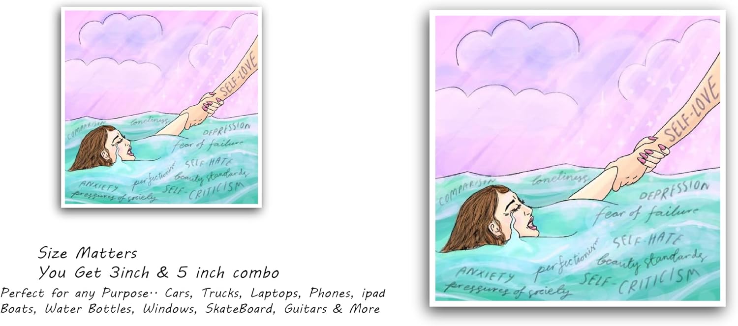 2 (Pieces) 3" and 5" Woman Drowning Sticker, Waterproof Vinyl Decals for Many Purpose Like Cars, Trucks, Laptops, Phones, Windows and More
