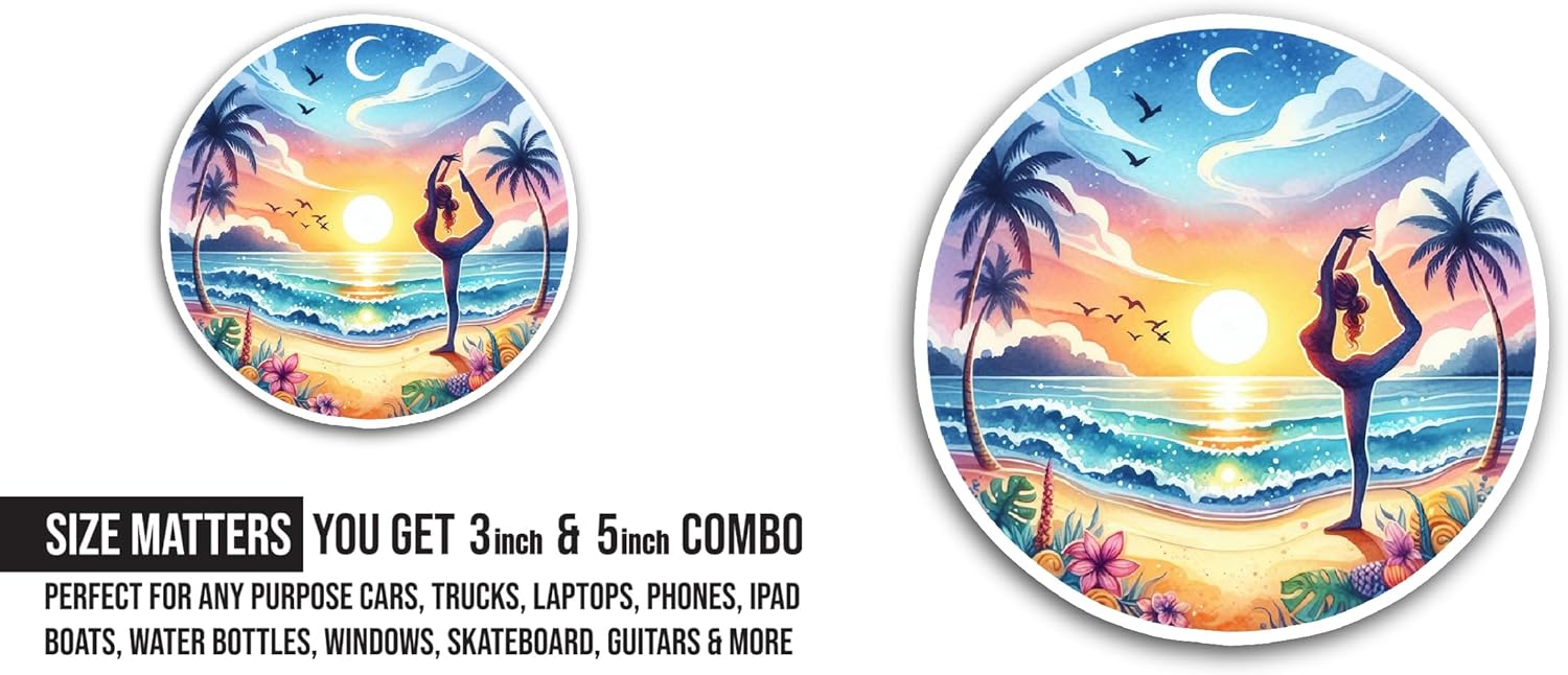 2 (Pieces) 3" and 5" Girl Doing Yoga at Beach Sticker, Waterproof Vinyl Decals for Many Purpose Like Cars, Trucks, Laptops, Phones, Windows and More