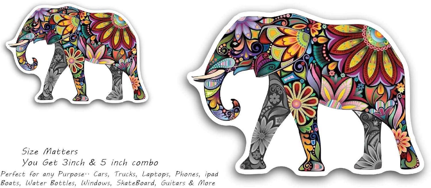 2 (Pieces) 3" and 5" Colorful Elephant Sticker, Waterproof Vinyl Decals for Many Purpose Like Cars, Trucks, Laptops, Phones, Windows and More