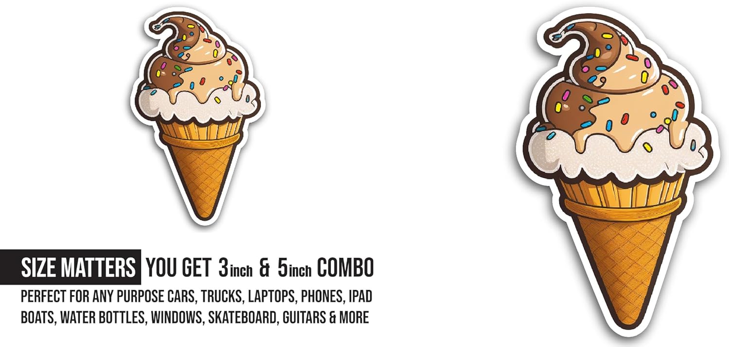 2 (Pieces) 3" and 5" Ice Cream Cone Sticker, Waterproof Vinyl Decals for Many Purpose Like Cars, Trucks, Laptops, Phones, Windows and More