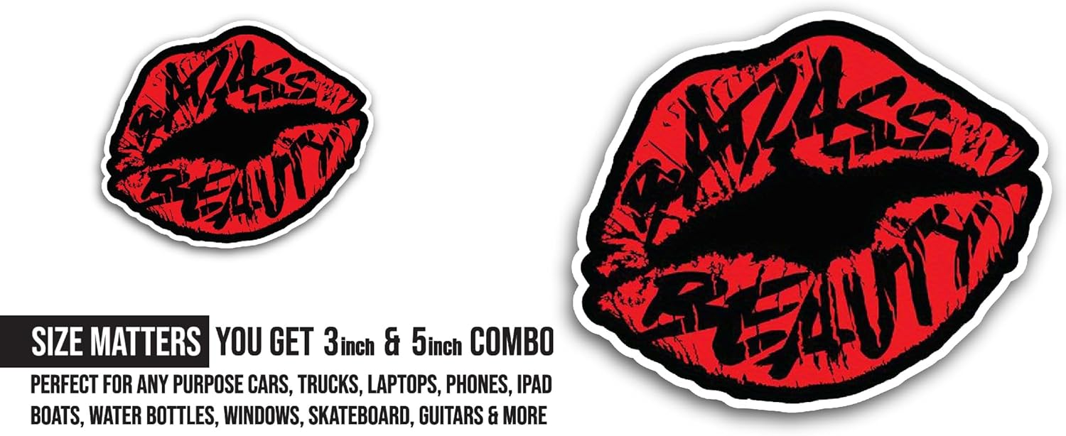 2 (Pieces) 3" and 5" Badass Beauty Sticker, Waterproof Vinyl Decals for Many Purpose Like Cars, Trucks, Laptops, Phones, Windows and More