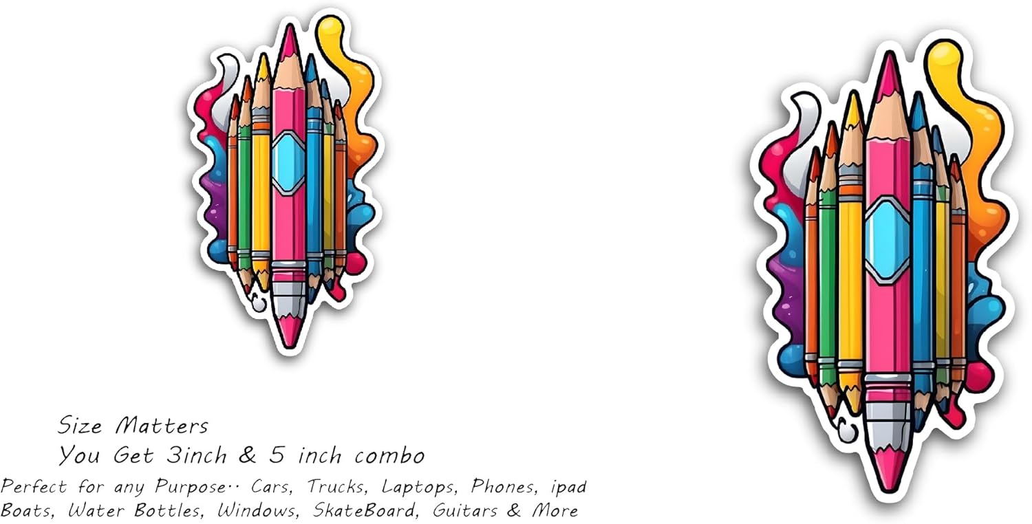 2 (Pieces) 3" and 5" Cartoon Pencil Crayons Sticker, Waterproof Vinyl Decals for Many Purpose Like Cars, Trucks, Laptops, Phones, Windows and More