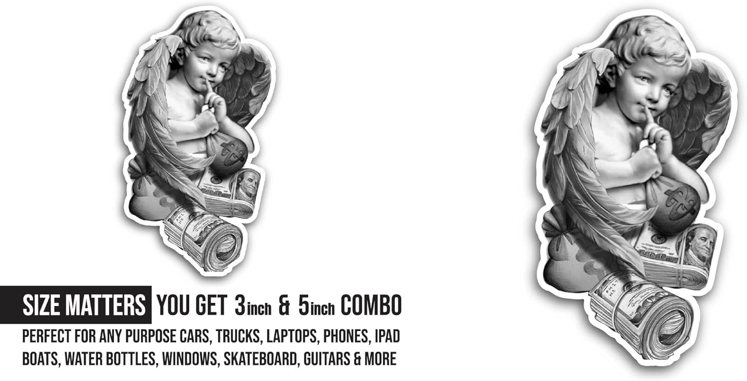2 (Pieces) 3" and 5" Angel Baby with Money Sticker, Waterproof Vinyl Decals for Many Purpose Like Cars, Trucks, Laptops, Phones, Windows and More