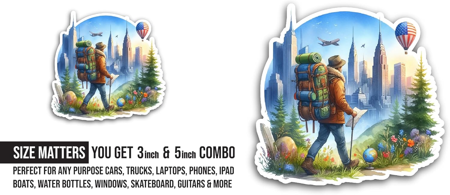 2 (Pieces) 3" and 5" A Man with Hiking Suit Sticker, Waterproof Vinyl Decals for Many Purpose Like Cars, Trucks, Laptops, Phones, Windows and More