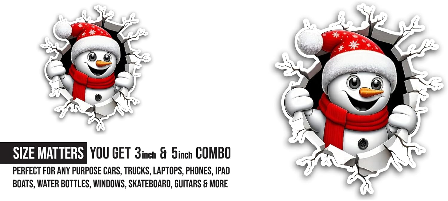 2 (Pieces) 3" and 5" Cartoon Happy Snowman Sticker, Waterproof Vinyl Decals for Many Purpose Like Cars, Trucks, Laptops, Phones, Windows and More