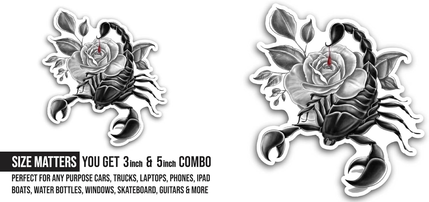 2 (Pieces) 3" and 5" Scorpion with Rose Sticker, Waterproof Vinyl Decals for Many Purpose Like Cars, Trucks, Laptops, Phones, Windows and More