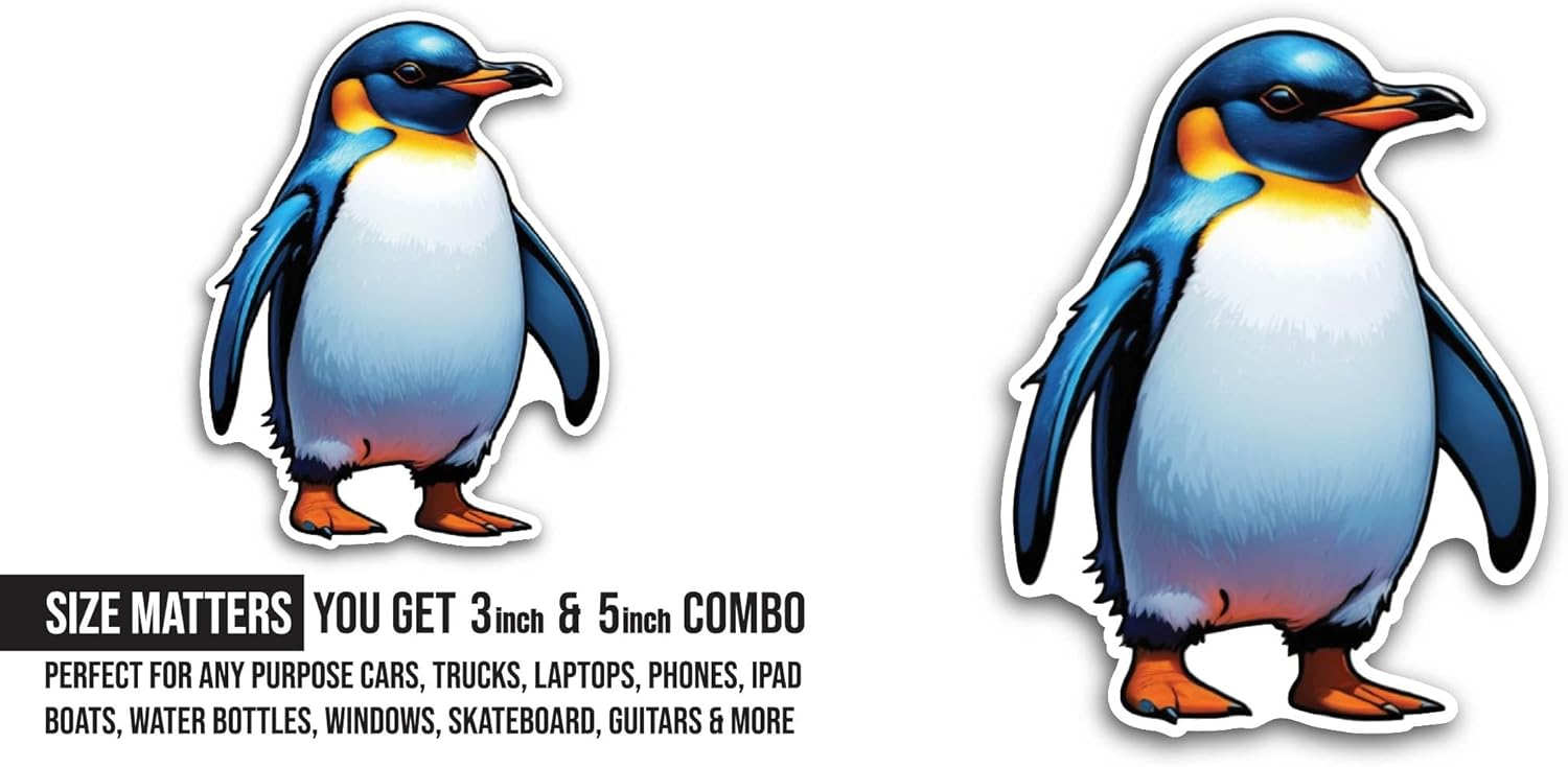 2 (Pieces) 3" and 5" Penguin Sticker, Waterproof Vinyl Decals for Many Purpose Like Cars, Trucks, Laptops, Phones, Windows and More