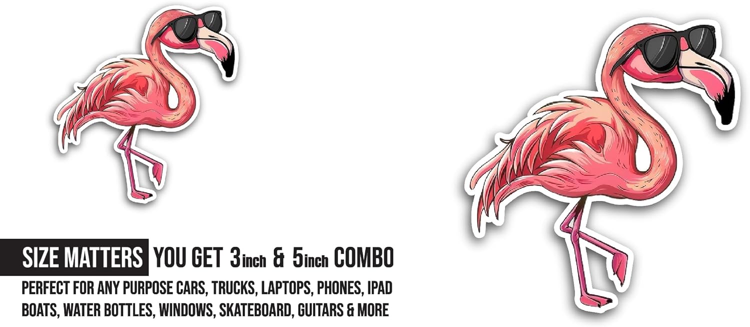 2 (Pieces) 3" and 5" Cool Flamingo Sticker, Waterproof Vinyl Decals for Many Purpose Like Cars, Trucks, Laptops, Phones, Windows and More
