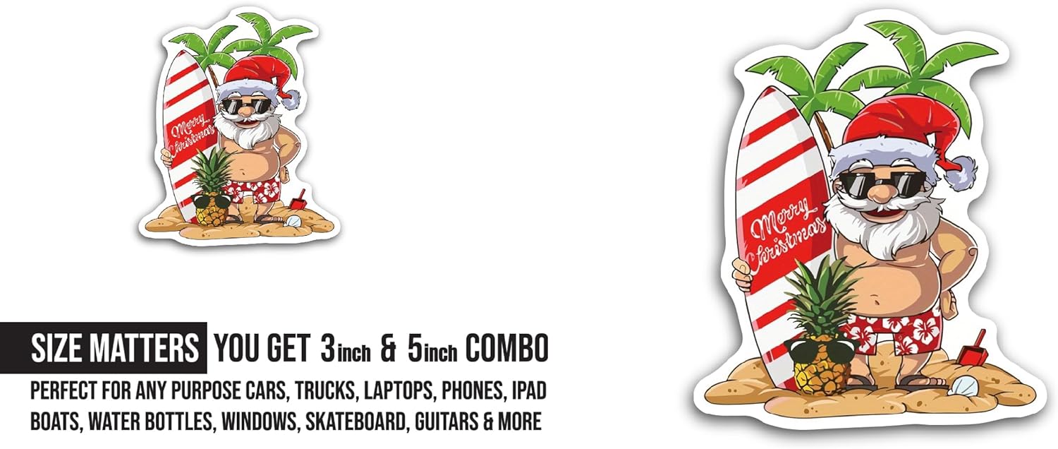 2 (Pieces) 3" and 5" Surfing Santa Cartoon Sticker, Waterproof Vinyl Decals for Many Purpose Like Cars, Trucks, Laptops, Phones, Windows and More