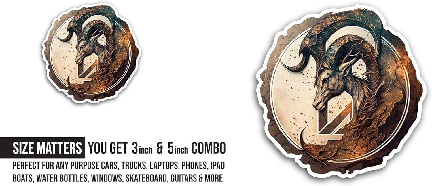 2 (Pieces) 3" and 5" Goat with Long Horns Sticker, Waterproof Vinyl Decals for Many Purpose Like Cars, Trucks, Laptops, Phones, Windows and More