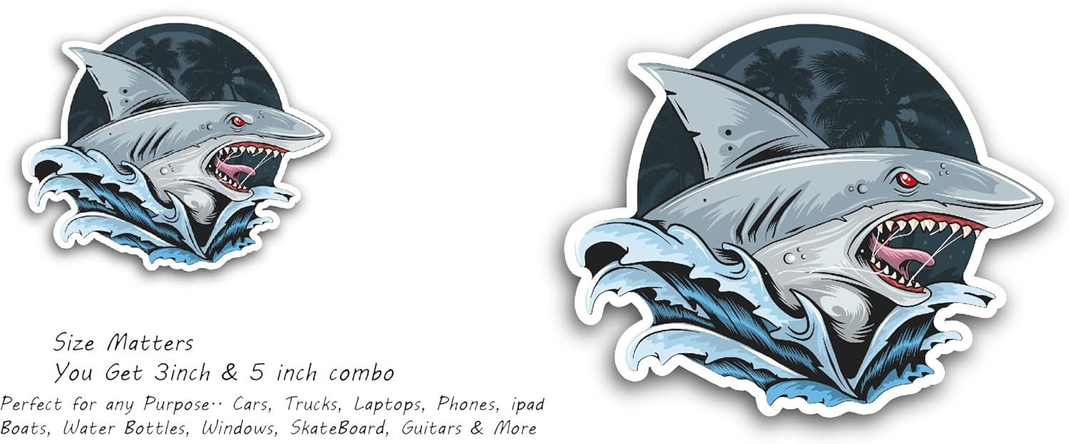 2 (Pieces) 3" and 5" Shark Sticker, Waterproof Vinyl Decals for Many Purpose Like Cars, Trucks, Laptops, Phones, Windows and More
