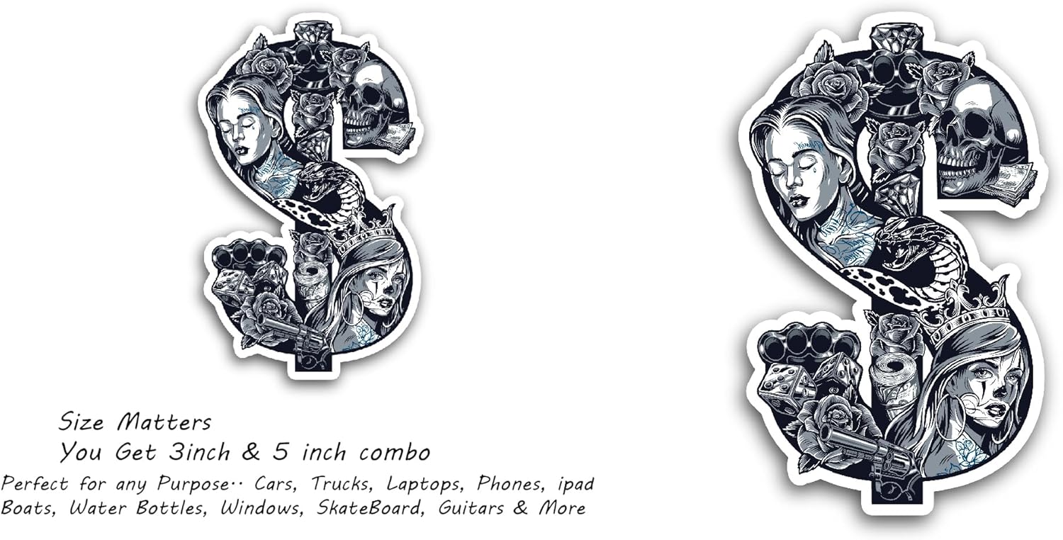2 (Pieces) 3" and 5" Chicano Dollar Sign Sticker, Waterproof Vinyl Decals for Many Purpose Like Cars, Trucks, Laptops, Phones, Windows and More