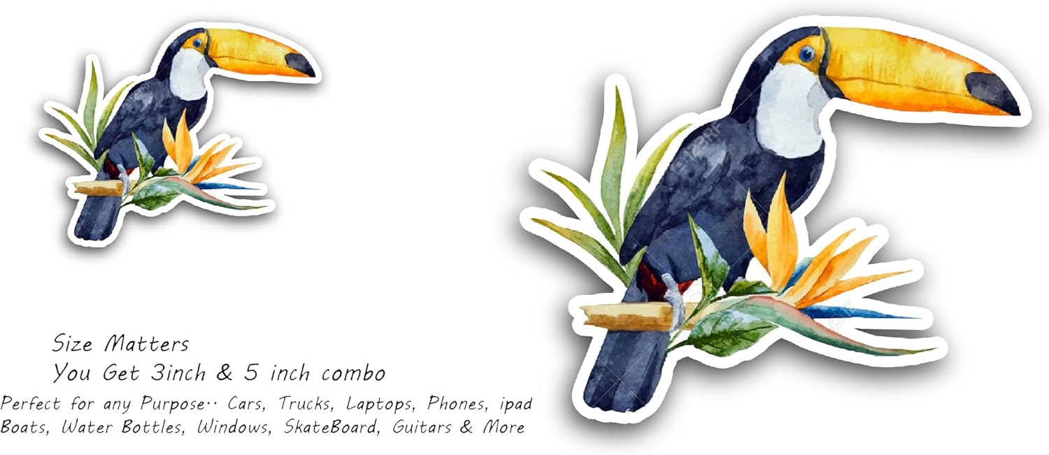 2 (Pieces) 3" and 5" Toucan Sticker, Waterproof Vinyl Decals for Many Purpose Like Cars, Trucks, Laptops, Phones, Windows and More