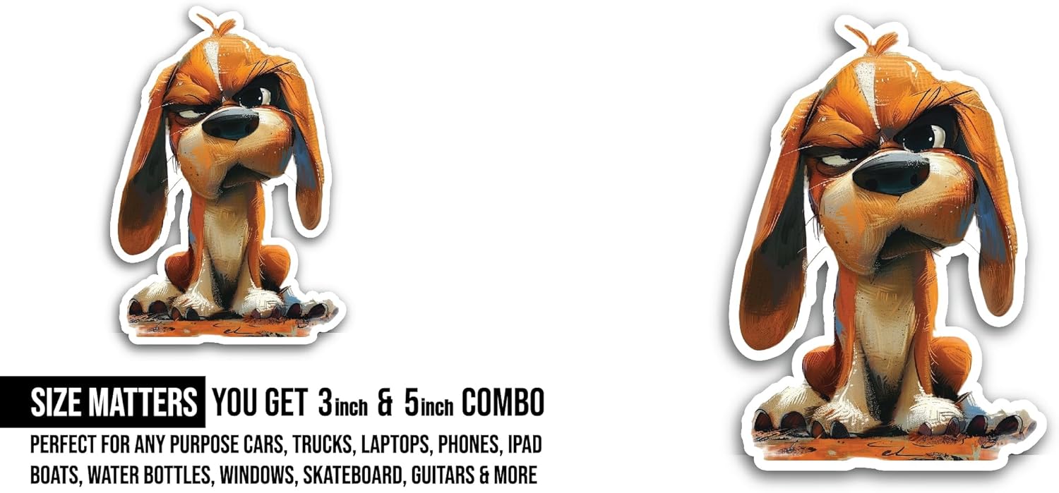 2 (Pieces) 3" and 5" Cartoon Dog Sticker, Waterproof Vinyl Decals for Many Purpose Like Cars, Trucks, Laptops, Phones, Windows and More