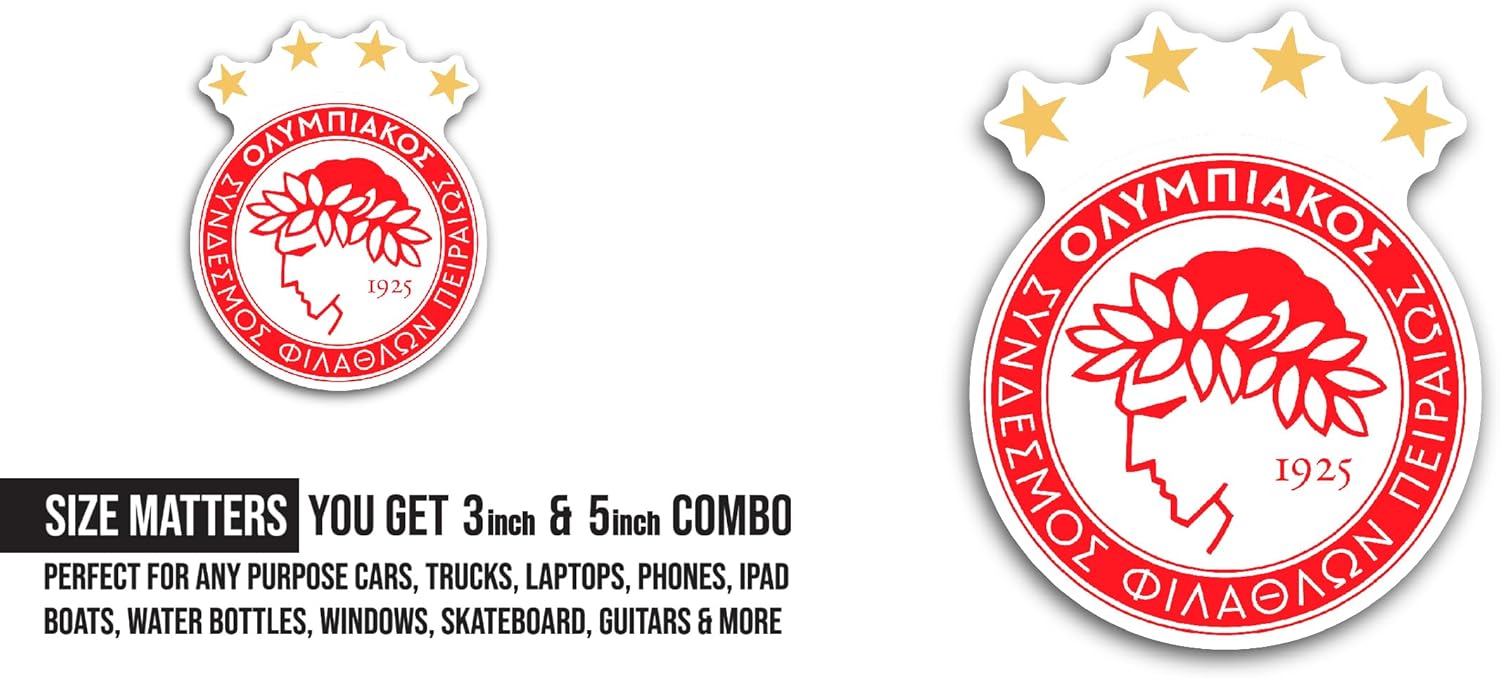 2 (Pieces) 3" and 5" Olympiac0s FC Sticker, Waterproof Vinyl Decals for Many Purpose Like Cars, Trucks, Laptops, Phones, Windows and More
