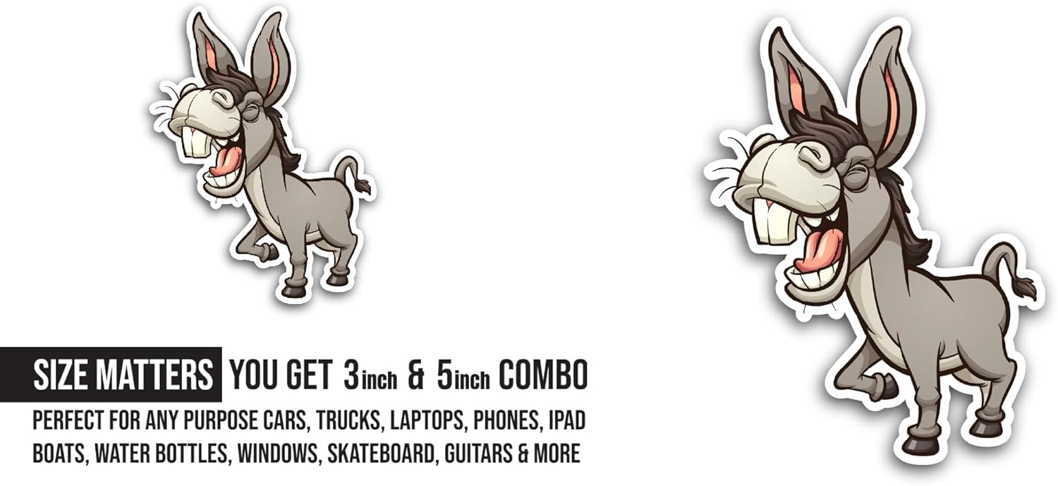 2 (Pieces) 3" and 5" Cartoon Donkey Sticker, Waterproof Vinyl Decals for Many Purpose Like Cars, Trucks, Laptops, Phones, Windows and More