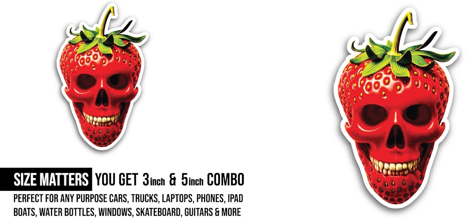 2 (Pieces) 3" and 5" Strawberry Skull Sticker, Waterproof Vinyl Decals for Many Purpose Like Cars, Trucks, Laptops, Phones, Windows and More