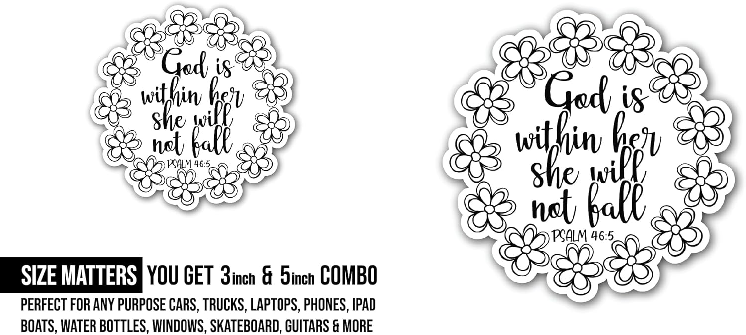 2 (Pieces) 3" and 5" God is Within Her She Will Not Fall Sticker, Waterproof Vinyl Decals for Many Purpose Like Cars, Trucks, Laptops, Phones, Windows and More