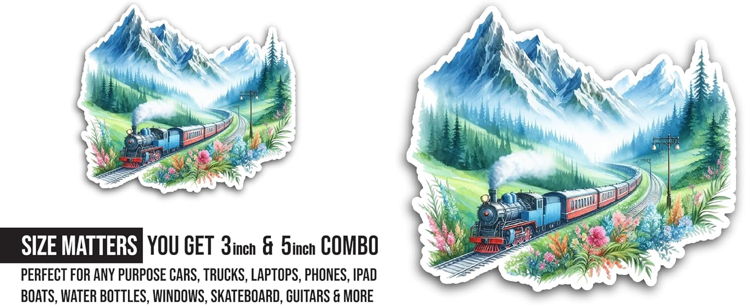2 (Pieces) 3" and 5" A Train in The Mountains Sticker, Waterproof Vinyl Decals for Many Purpose Like Cars, Trucks, Laptops, Phones, Windows and More