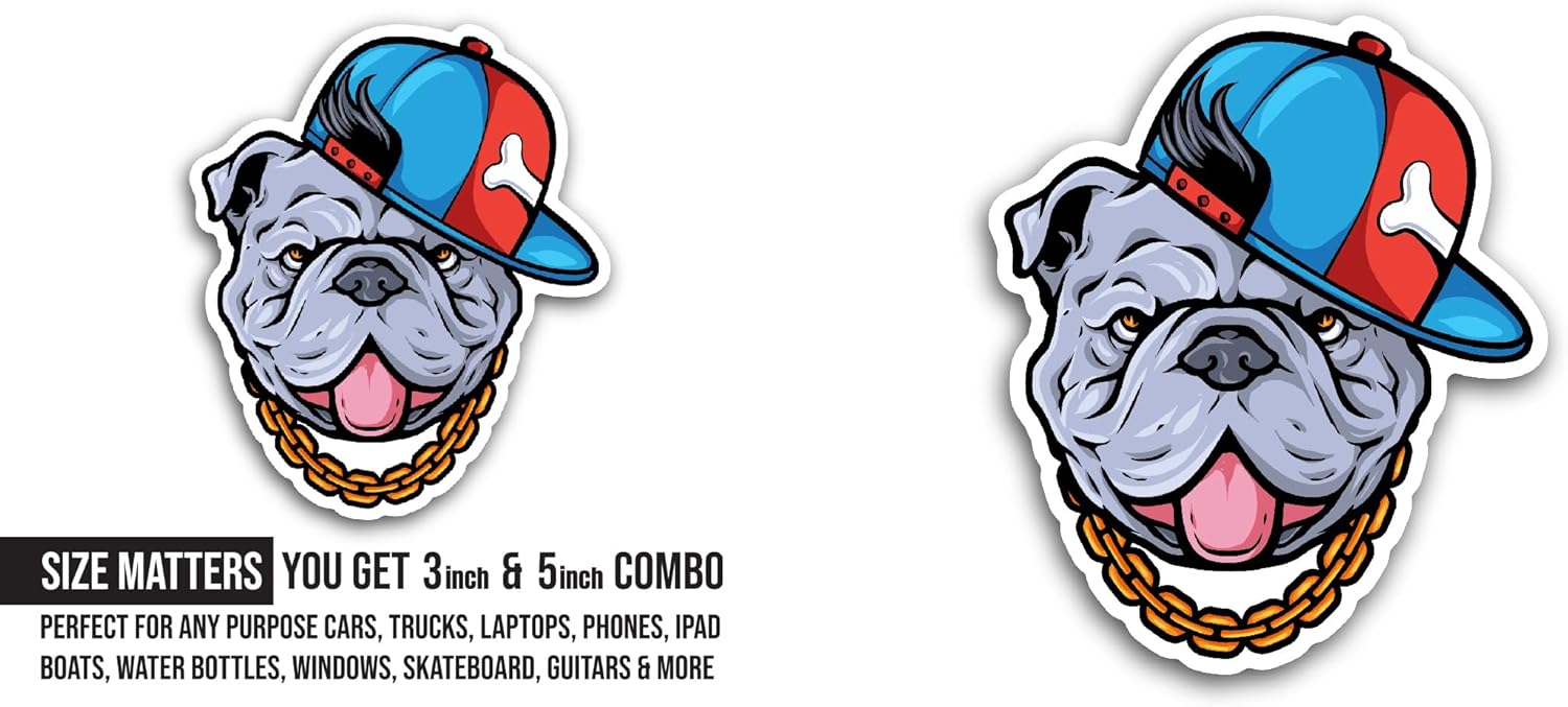 2 (Pieces) 3" and 5" Bulldog Wearing Gold Chain Sticker, Waterproof Vinyl Decals for Many Purpose Like Cars, Trucks, Laptops, Phones, Windows and More