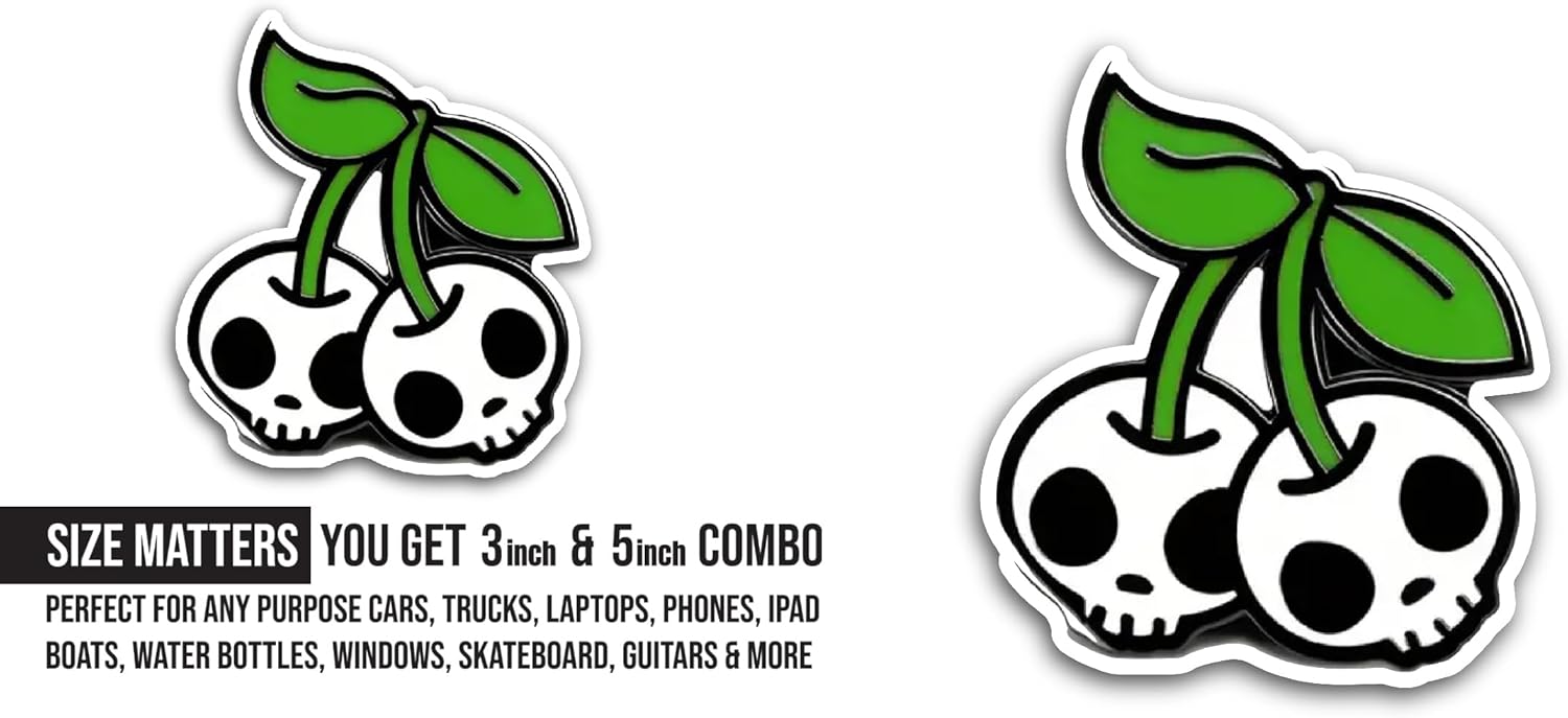 2 (Pieces) 3" and 5" Skull Cherries Sticker, Waterproof Vinyl Decals for Many Purpose Like Cars, Trucks, Laptops, Phones, Windows and More