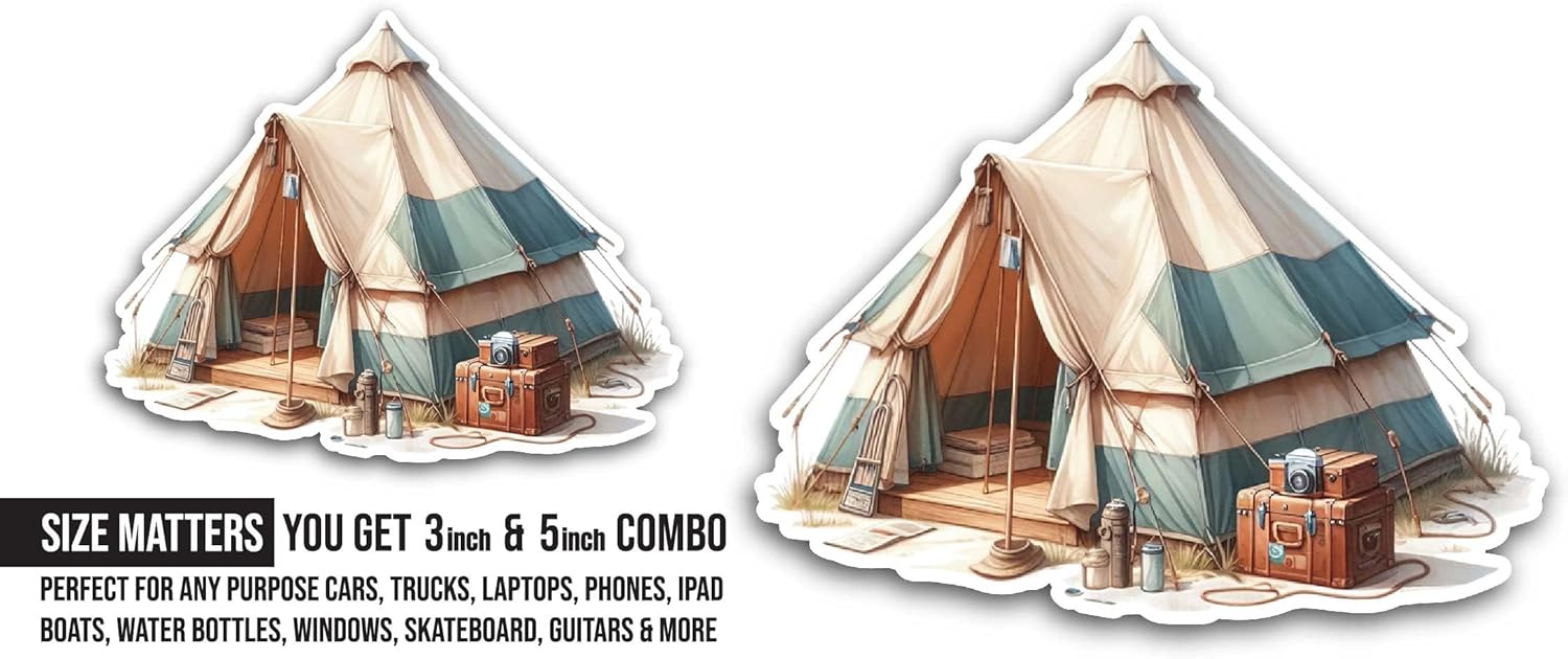 2 (Pieces) 3" and 5" Tourist Tent Sticker, Waterproof Vinyl Decals for Many Purpose Like Cars, Trucks, Laptops, Phones, Windows and More