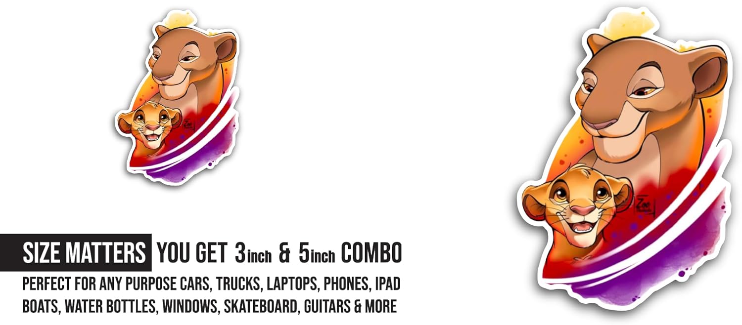 2 (Pieces) 3" and 5" Cute Cartoon Lions Sticker, Waterproof Vinyl Decals for Many Purpose Like Cars, Trucks, Laptops, Phones, Windows and More