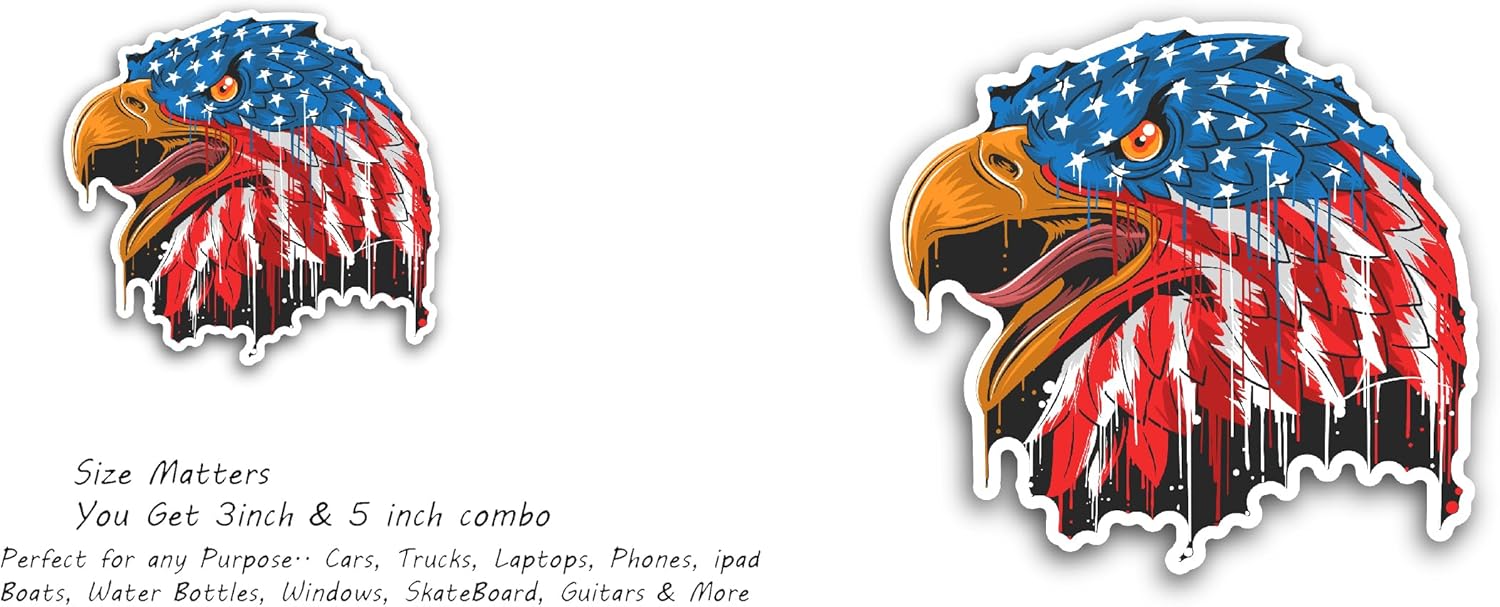 2 (Pieces) 3" and 5" Eagle Head America Flag Sticker, Waterproof Vinyl Decals for Many Purpose Like Cars, Trucks, Laptops, Phones, Windows and More