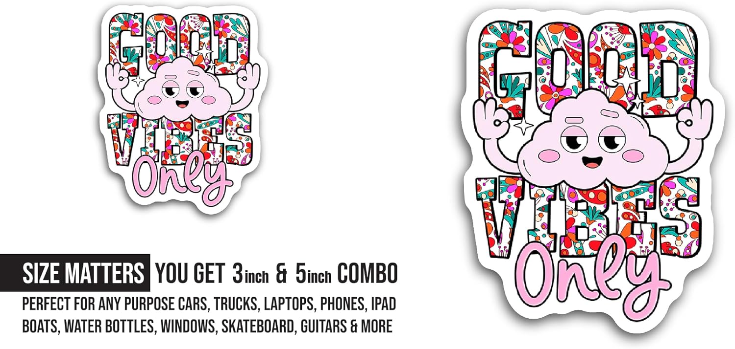 2 (Pieces) 3" and 5" Good Vibes Only Text Sticker, Waterproof Vinyl Decals for Many Purpose Like Cars, Trucks, Laptops, Phones, Windows and More