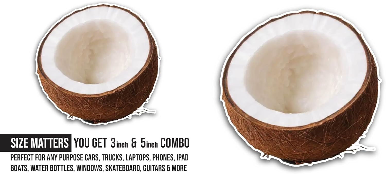 2 (Pieces) 3" and 5" Half of Coconut Sticker, Waterproof Vinyl Decals for Many Purpose Like Cars, Trucks, Laptops, Phones, Windows and More